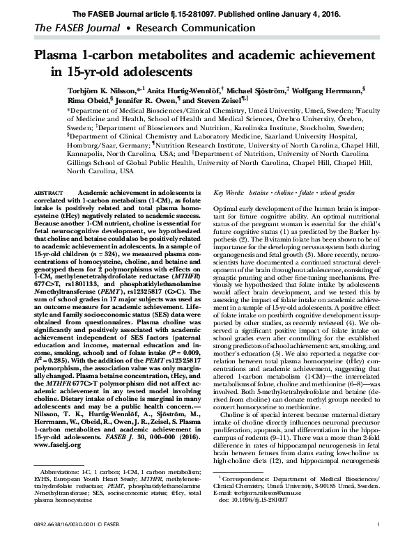 (PDF) Plasma 1-carbon metabolites and academic achievement in 15-yr-old ...