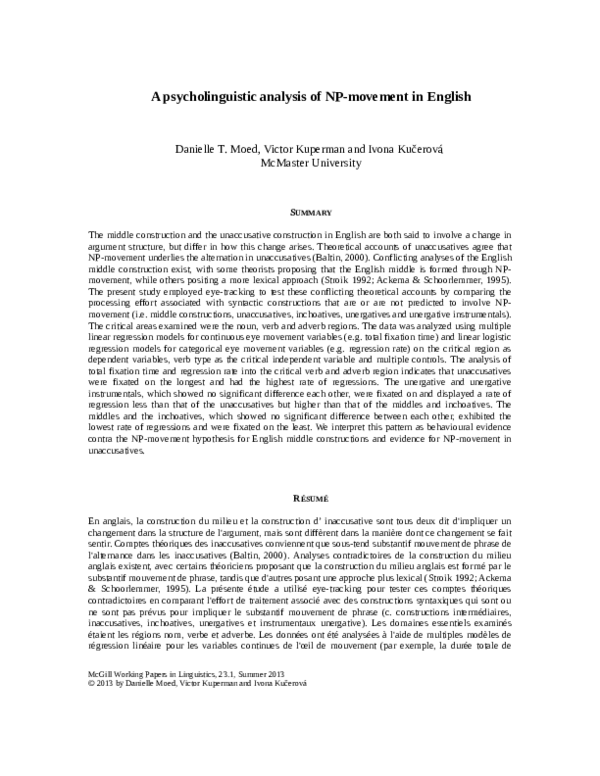 (PDF) A psycholinguistic analysis of NP-movement in English