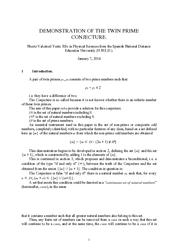 (PDF) DEMONSTRATION OF THE TWIN PRIME CONJECTURE Niceto Valcarcel