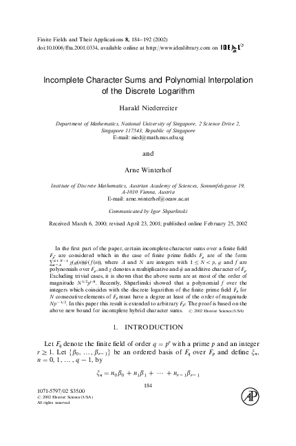 (PDF) Incomplete Character Sums and Polynomial Interpolation of the ...