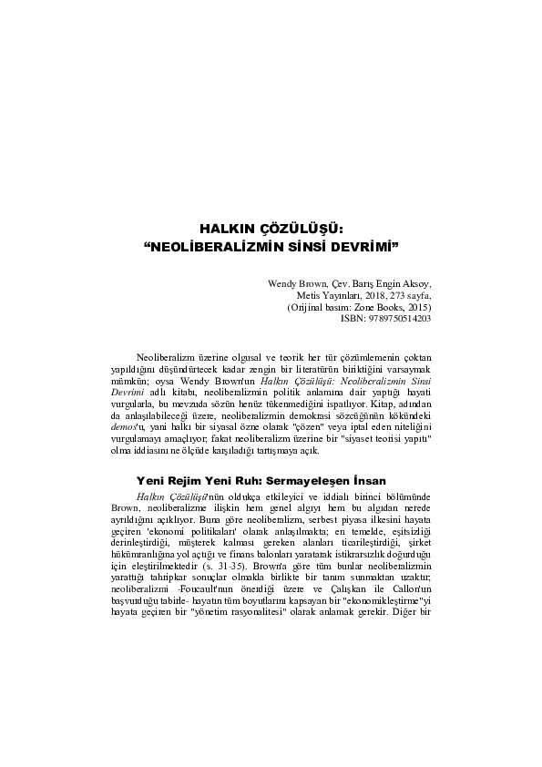 Pdf Kitap Incelemesi Halkın çözülüşü Neoliberalizmin Sinsi Devrimi