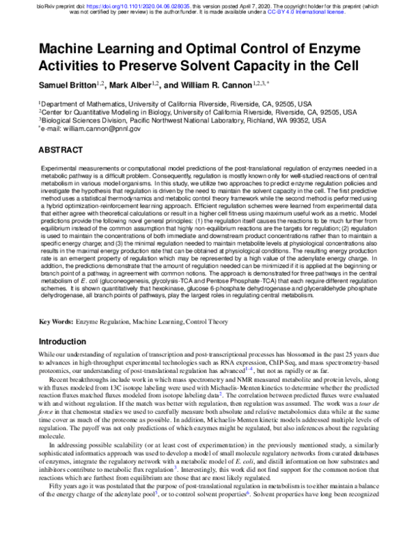 (PDF) Machine Learning and Optimal Control of Enzyme Activities to ...