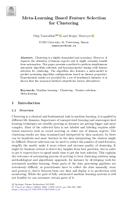 (PDF) Meta-Learning Based Feature Selection for Clustering