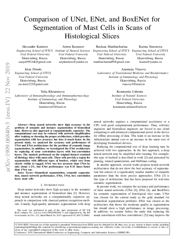 (PDF) Comparison of UNet, ENet, and BoxENet for Segmentation of Mast ...