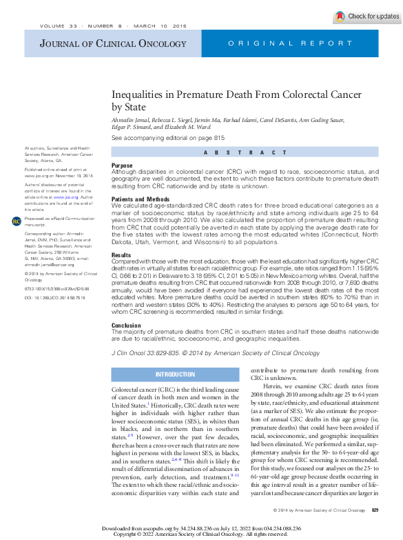 (PDF) Inequalities in Premature Death From Colorectal Cancer by State