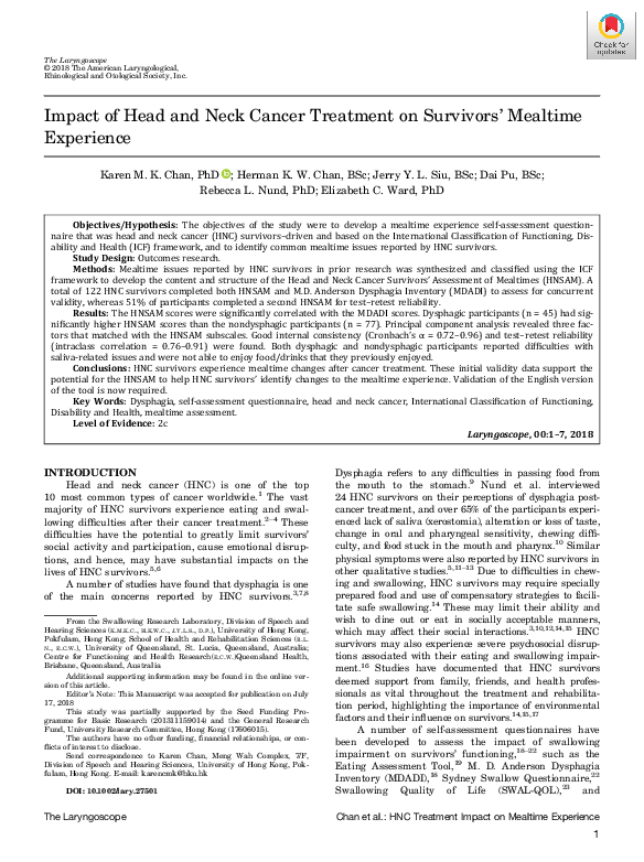 (PDF) Impact of Head and Neck Cancer Treatment on Survivors' Mealtime ...