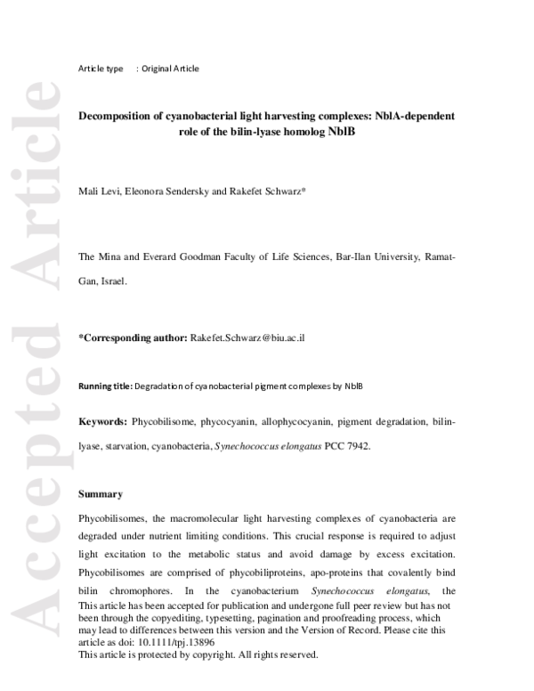 (PDF) Decomposition of cyanobacterial light harvesting complexes: NblA ...