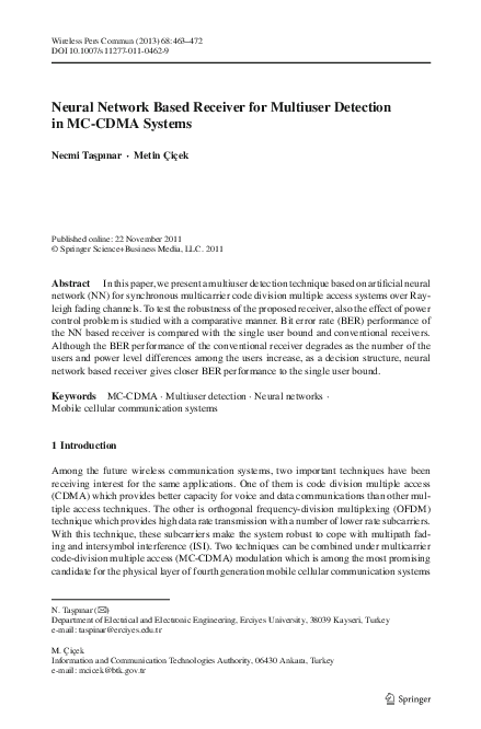 (PDF) Neural Network Based Receiver for Multiuser Detection in MC-CDMA ...