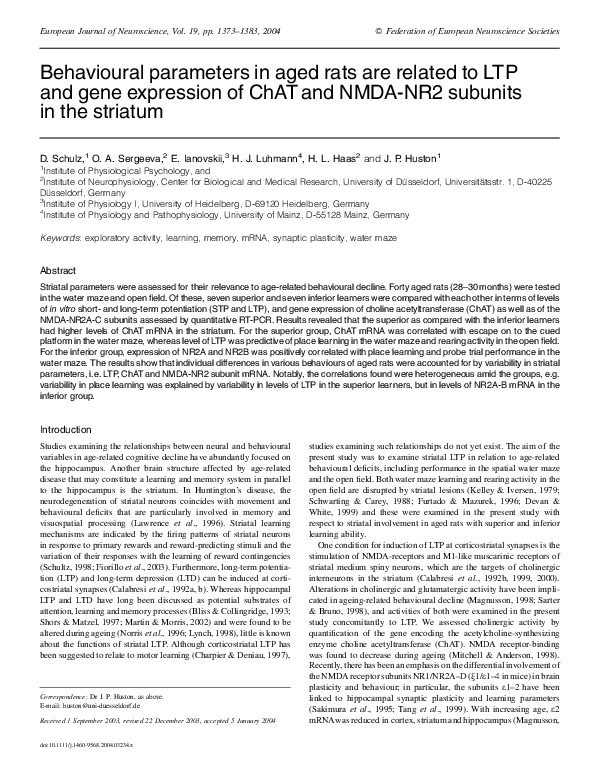 (PDF) Behavioural parameters in aged rats are related to LTP and gene ...