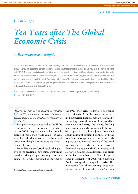 (PDF) Ten Years After the Global Economic Crisis : A Retrospective Analysis