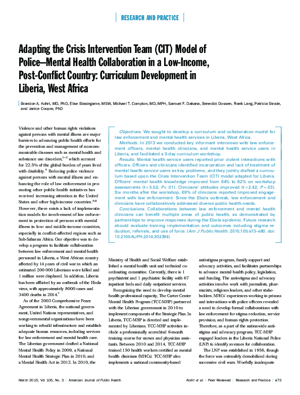 (PDF) Adapting the Crisis Intervention Team (CIT) Model of Police ...