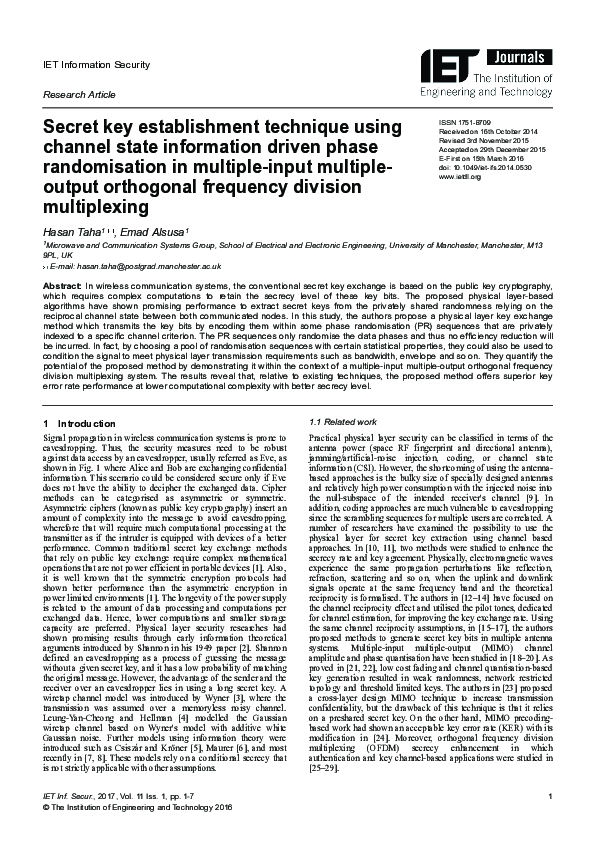 (PDF) Secret key establishment technique using channel state ...