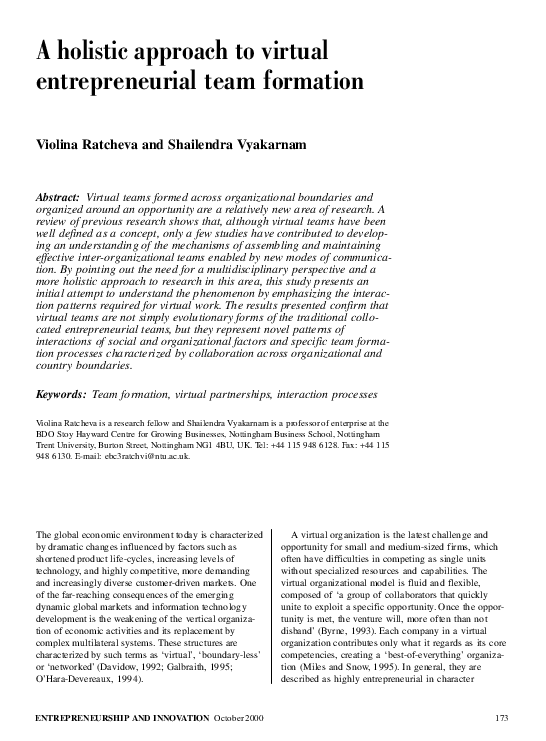 (PDF) A Holistic Approach to Virtual Entrepreneurial Team Formation