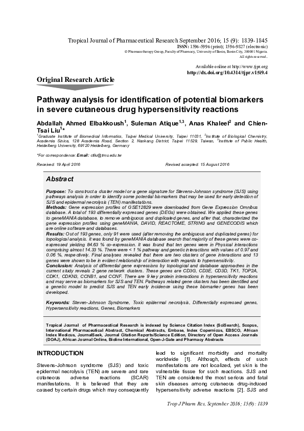 (PDF) Pathway analysis for identification of potential biomarkers in ...