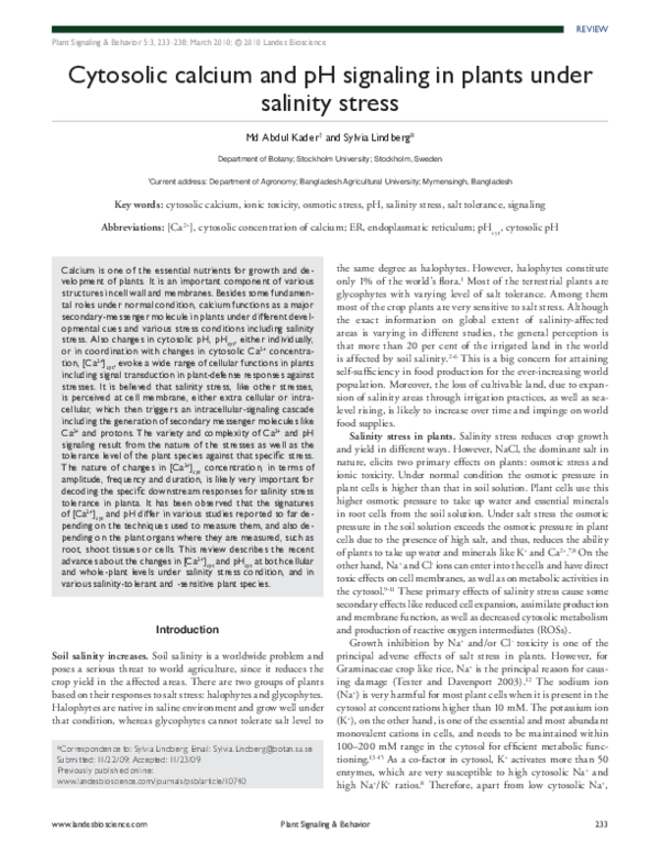 (PDF) Cytosolic calcium and pH signaling in plants under salinity stress