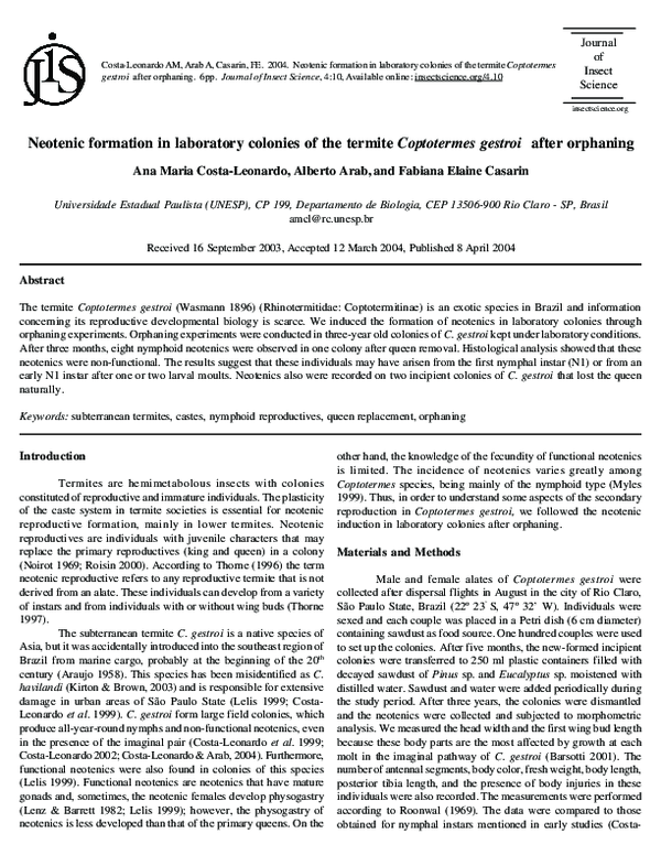 (PDF) Neotenic formation in laboratory colonies of the termite ...