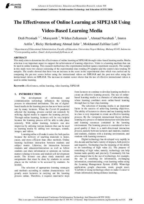 (PDF) The Effectiveness of Online Learning at SIPEJAR Using Video-Based ...
