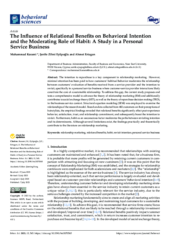 (PDF) The Influence of Relational Benefits on Behavioral Intention and ...