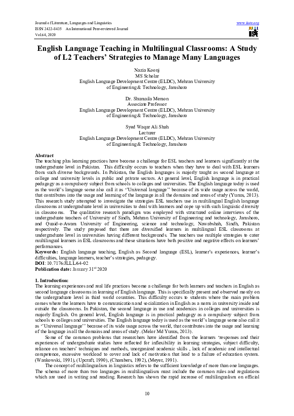 (PDF) English Language Teaching in Multilingual Classrooms: A Study of ...