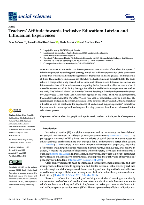 (PDF) Teachers’ Attitude towards Inclusive Education: Latvian and ...
