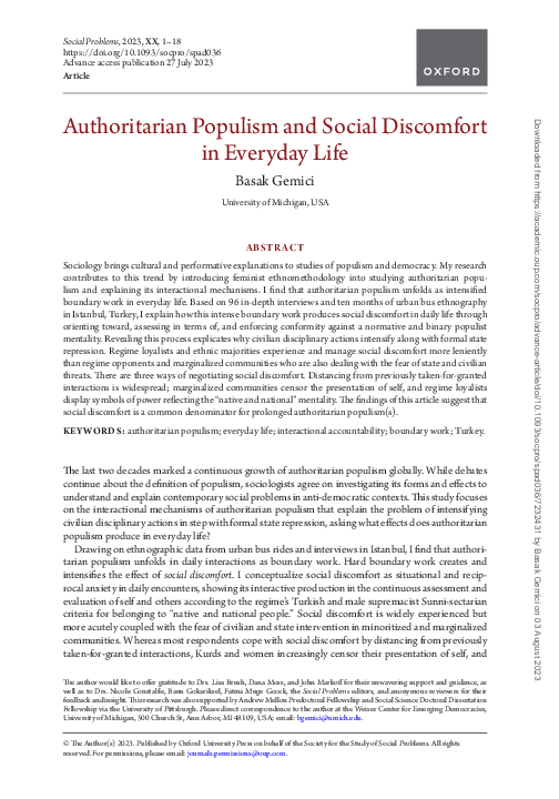 (PDF) Authoritarian Populism and Social Discomfort in Everyday Life