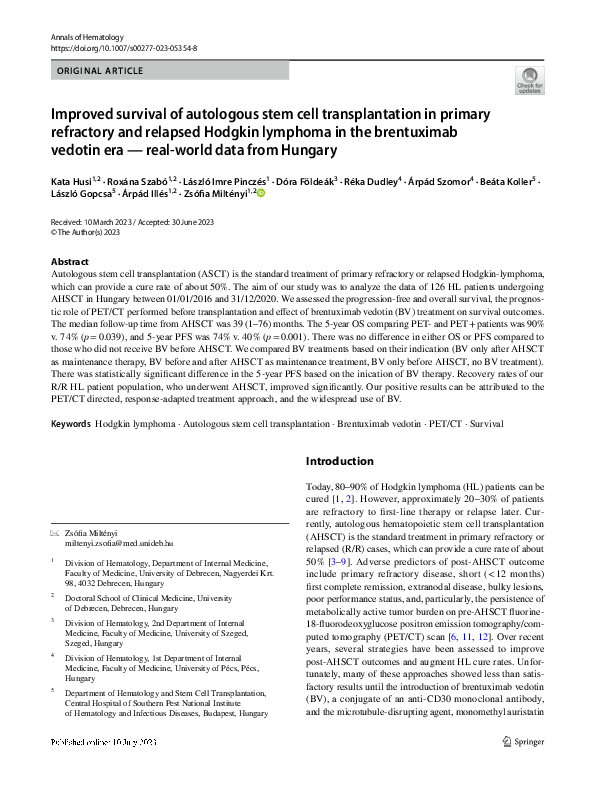 (PDF) Improved survival of autologous stem cell transplantation in ...