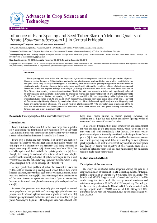 (PDF) Influence of Plant Spacing and Seed Tuber Size on Yield and ...