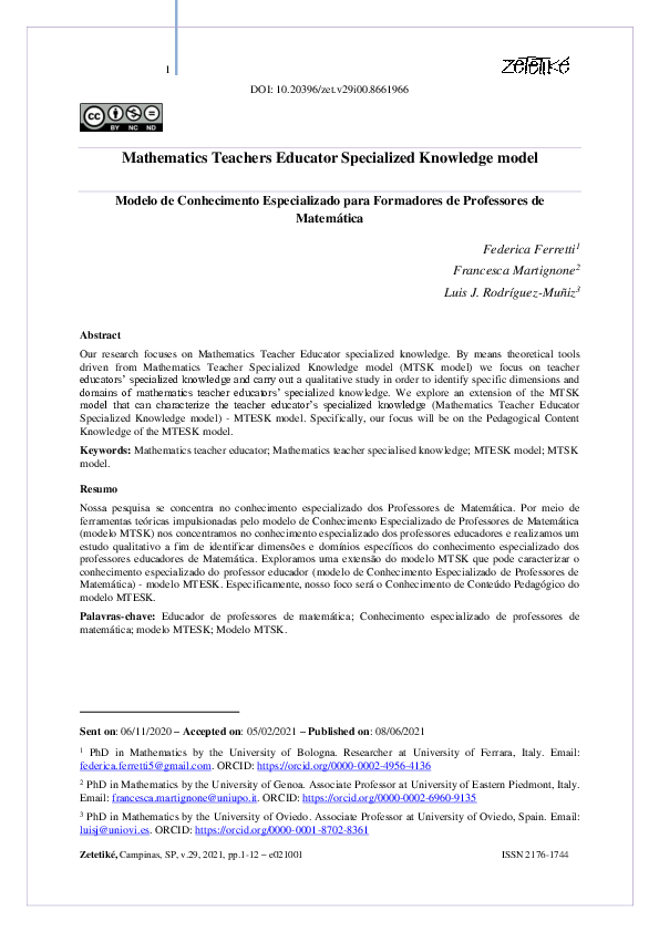 (PDF) Mathematics Teachers Educator specialized knowledge model