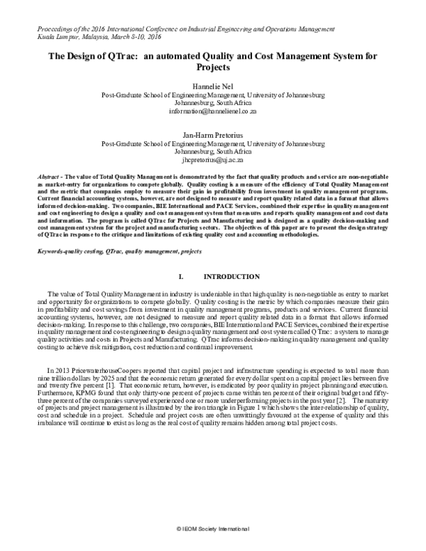 (PDF) The Design of QTrac: an automated Quality and Cost Management ...