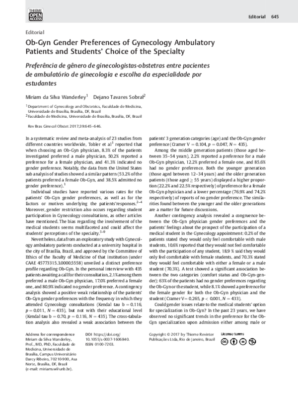 (PDF) Ob-Gyn Gender Preferences of Gynecology Ambulatory Patients and ...