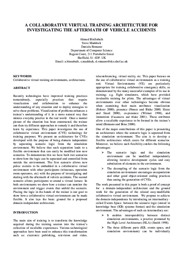 (PDF) A Collaborative Virtual Training Architecture for Investigating ...