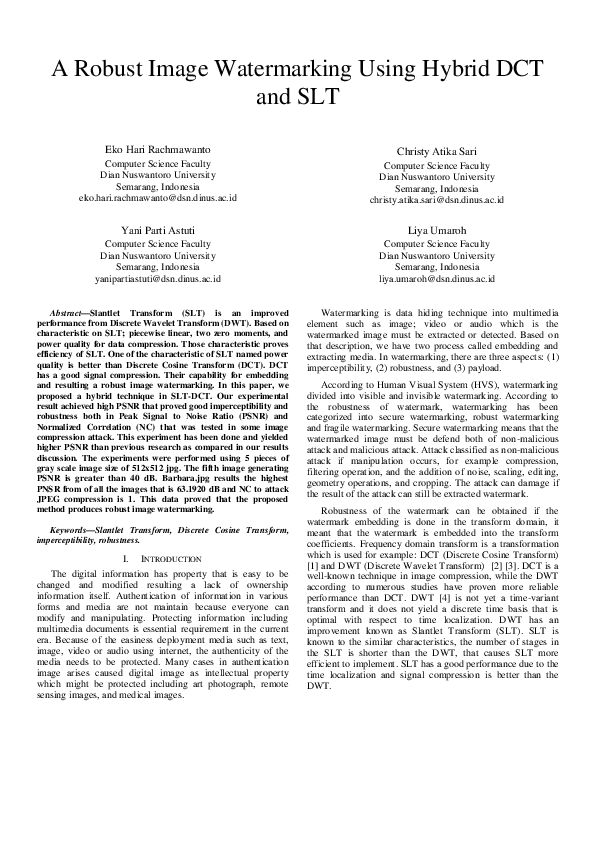 (PDF) A robust image watermarking using hybrid DCT and SLT