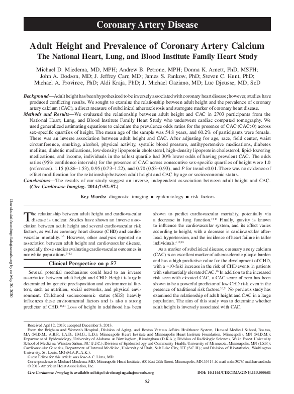 (PDF) Adult Height and Prevalence of Coronary Artery Calcium