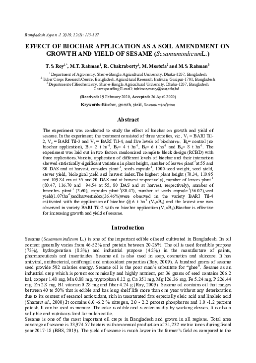 (PDF) Effect of Biochar Application as a Soil Amendment on Growth and ...