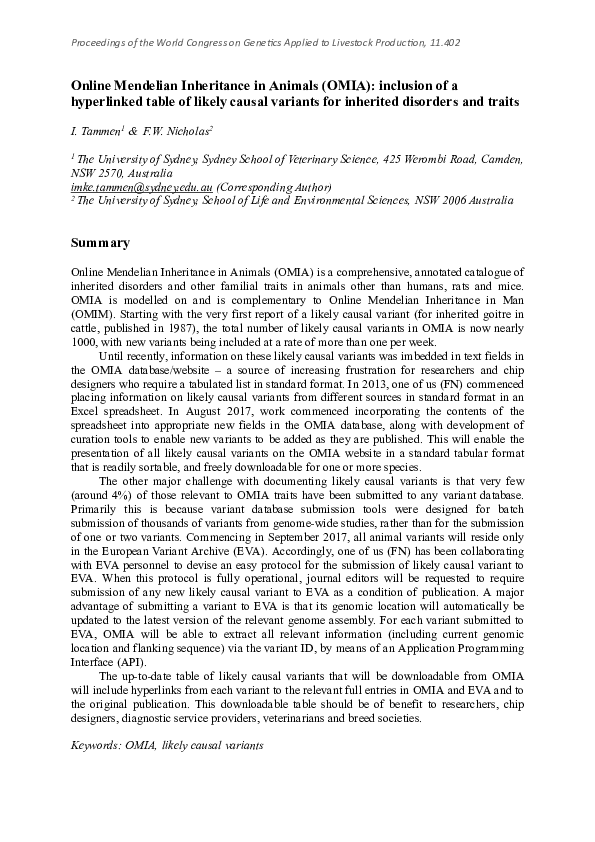 Online Mendelian Inheritance in Animals (OMIA): inclusion of a hyperlinked table of likely causal variants for inherited disorders and traits