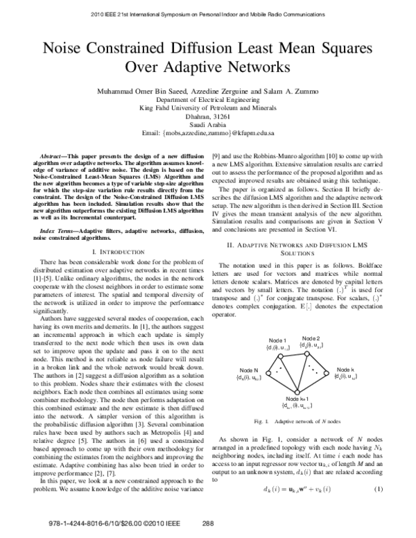 (PDF) Noise Constrained Diffusion Least Mean Squares over adaptive networks