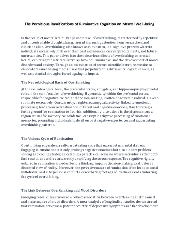 (PDF) The Pernicious Ramifications of Ruminative Cognition on Mental ...