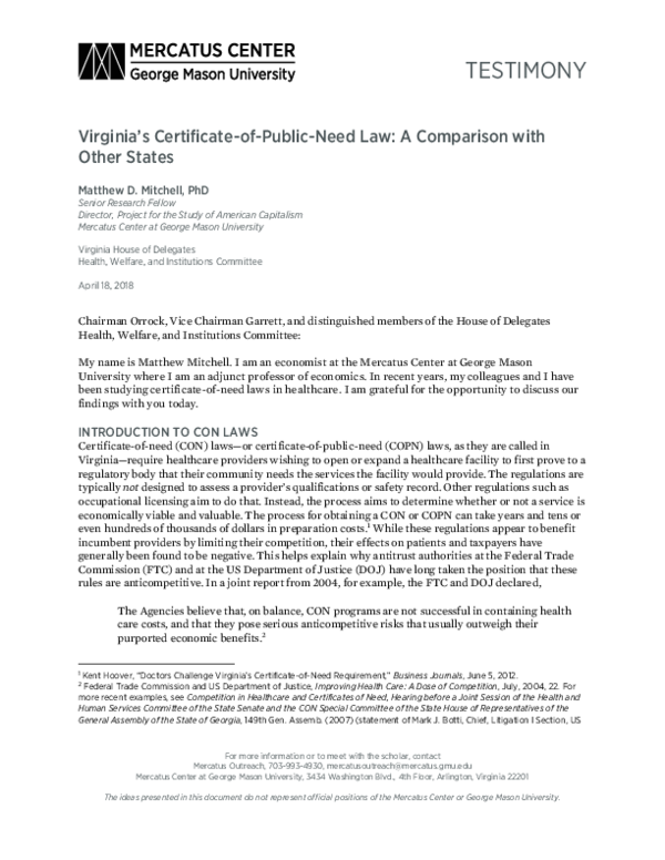 (PDF) Virginia’s Certificate-of-Public-Need Law: A Comparison with ...