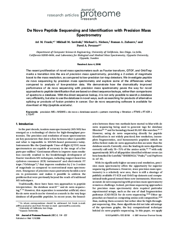 (PDF) De Novo Peptide Sequencing and Identification with Precision Mass ...