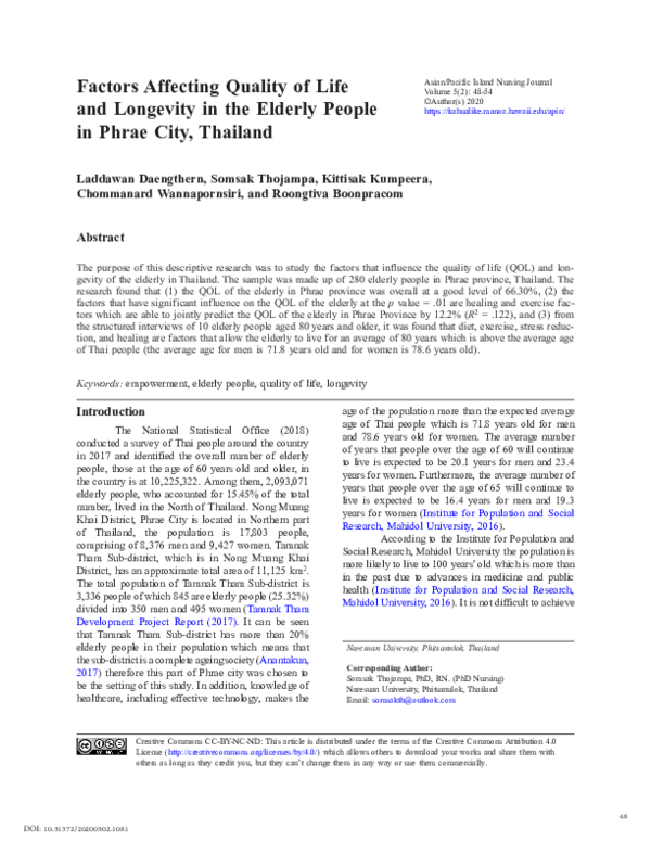 (PDF) Factors Affecting Quality of Life and Longevity in the Elderly ...