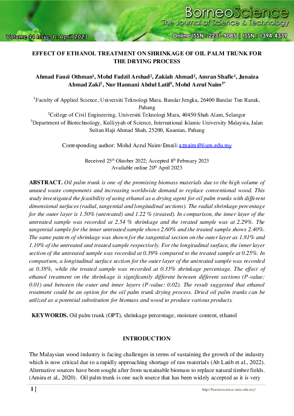 (PDF) Effect of Ethanol Treatment on Shrinkage of Oil Palm Trunk for ...