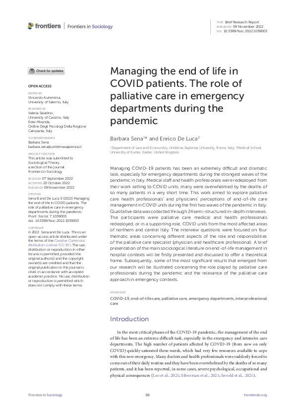 (PDF) Managing the end of life in COVID patients. The role of ...