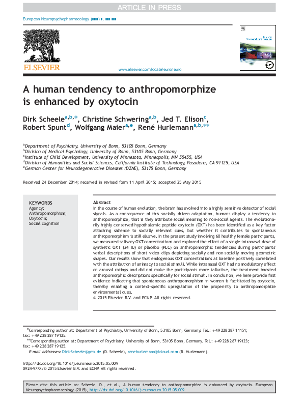 (PDF) A human tendency to anthropomorphize is enhanced by oxytocin