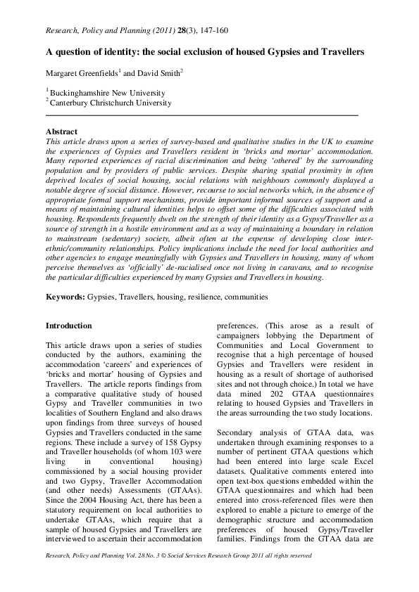 (PDF) A question of identity: the social exclusion of housed Gypsies ...