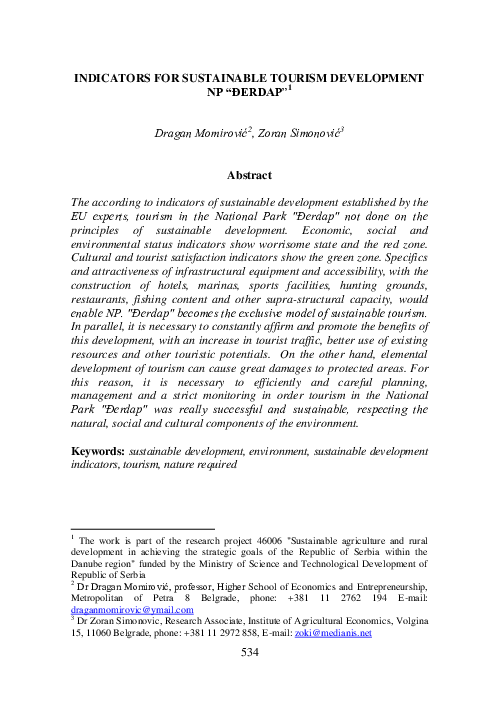 (PDF) Indicators for Sustainable Tourism Development NP “Đerdap”