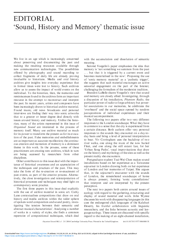 (PDF) ‘Sound, History and Memory’ thematic issue