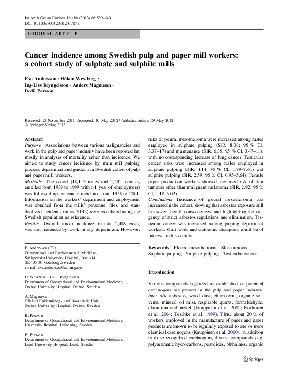 (PDF) Cancer incidence among Swedish pulp and paper mill workers: a ...