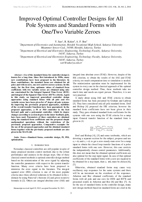 (PDF) Improved Optimal Controller Designs for All Pole Systems and ...