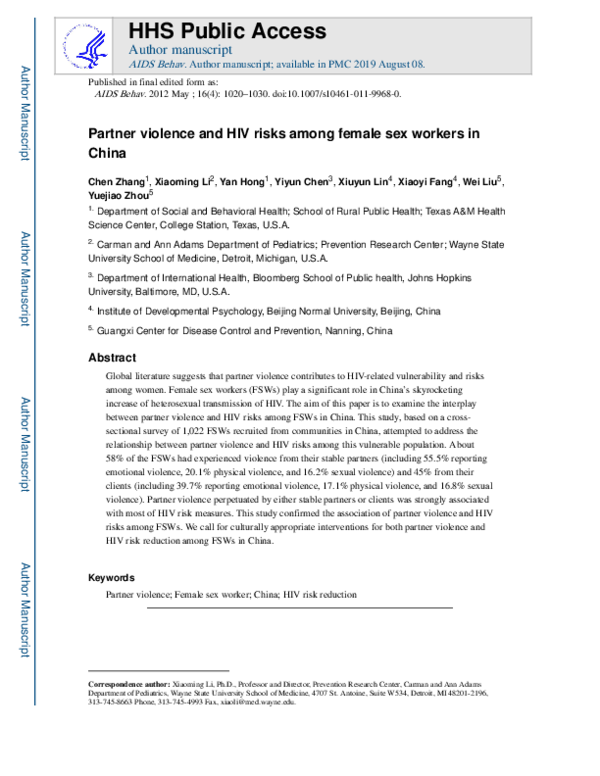 (PDF) Partner Violence and HIV Risk Among Female Sex Workers in China