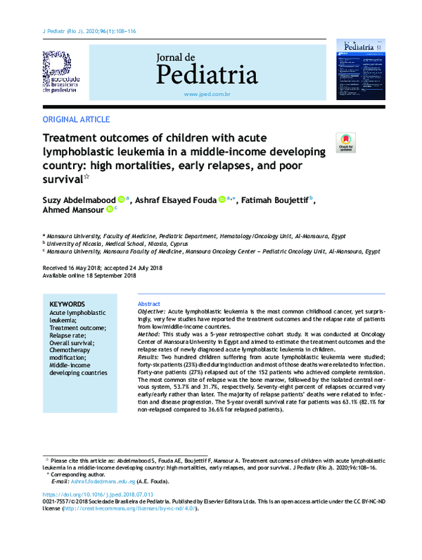 (PDF) Treatment outcomes of children with acute lymphoblastic leukemia ...